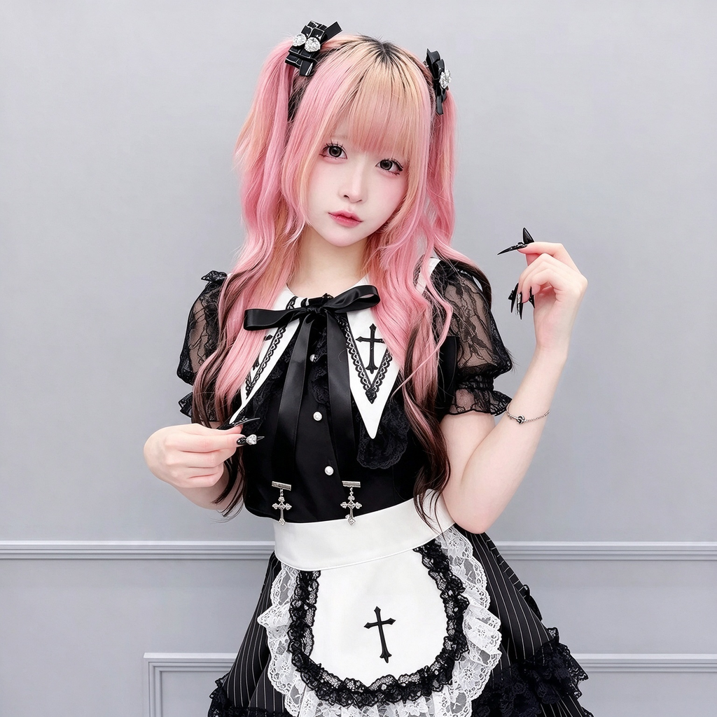 Black and White Gothic Maid Lolita Dress Set with Apron Accent
