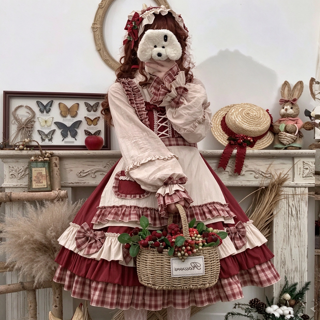 Sweet Country Maid Lolita JSK Dress Set with Plaid Ruffled Straps and Pocket Apron