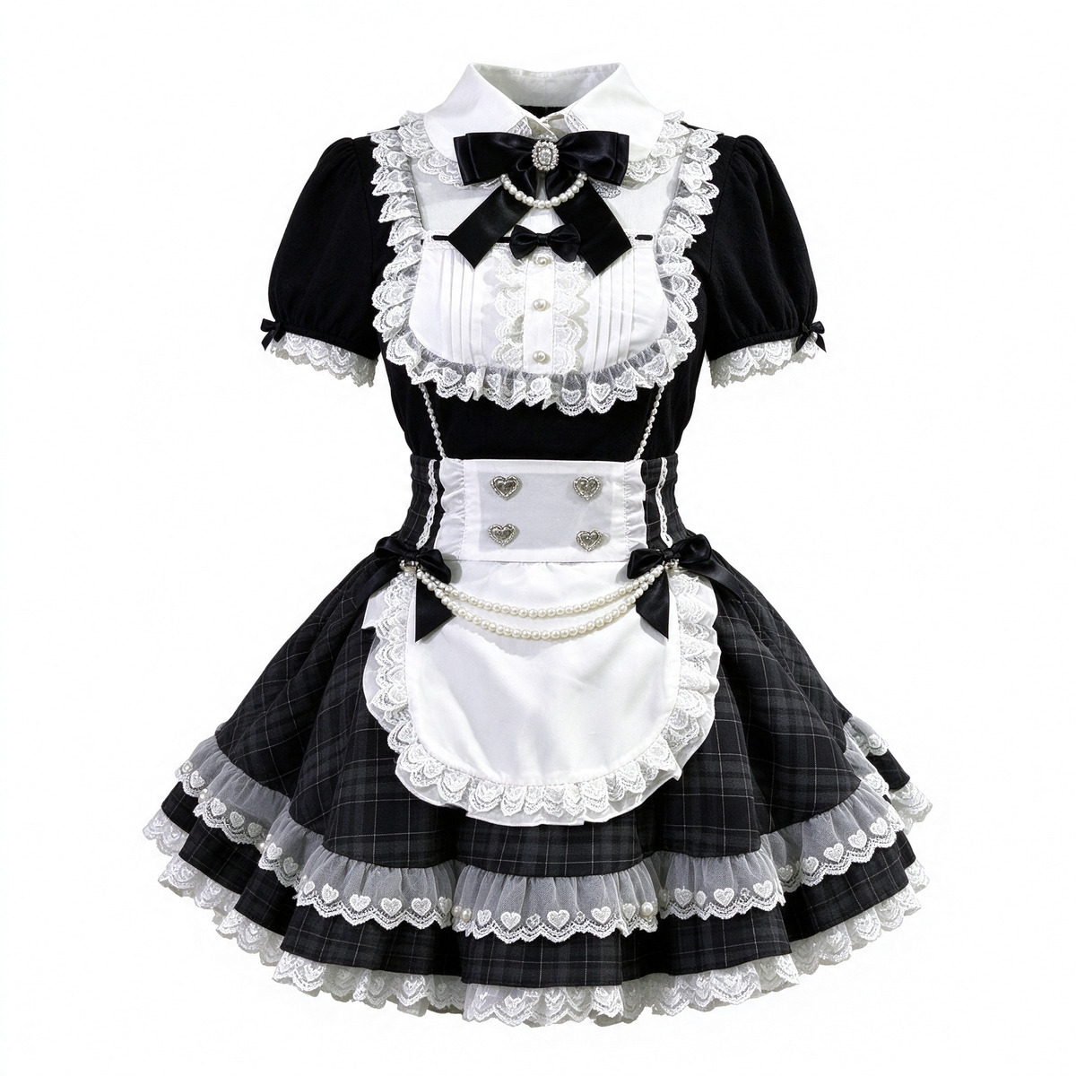 Black Plaid Ruffled Maid Lolita Dress with Apron Bow Accent