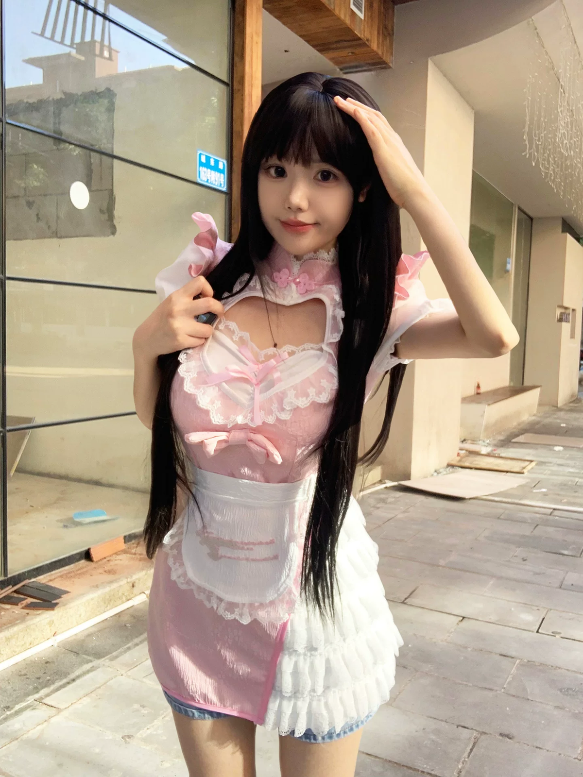 Sweet Maid Lolita Short Sleeve OP Dress Set with Heart Cutout Yoke and Side Ruffle Overlay