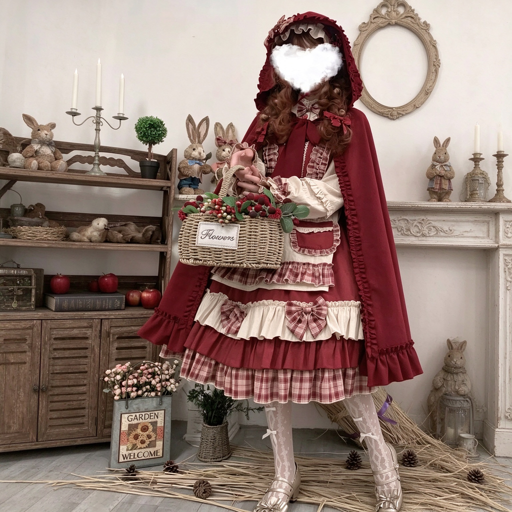 Sweet Country Maid Lolita JSK Dress Set with Plaid Ruffled Straps and Pocket Apron