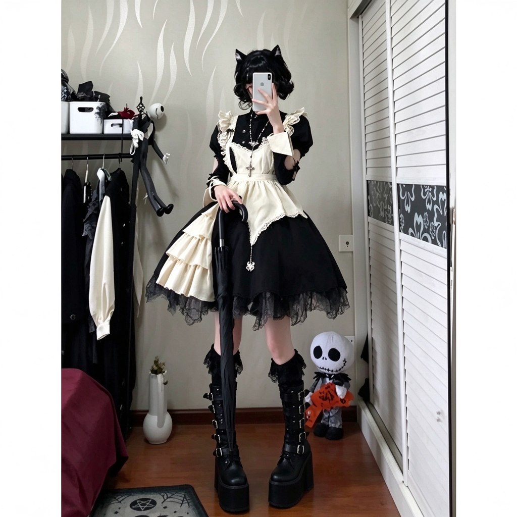 Gothic Maid Lolita Long Sleeve OP Dress Set with Spiderweb Lace and Bat Cross Necklace