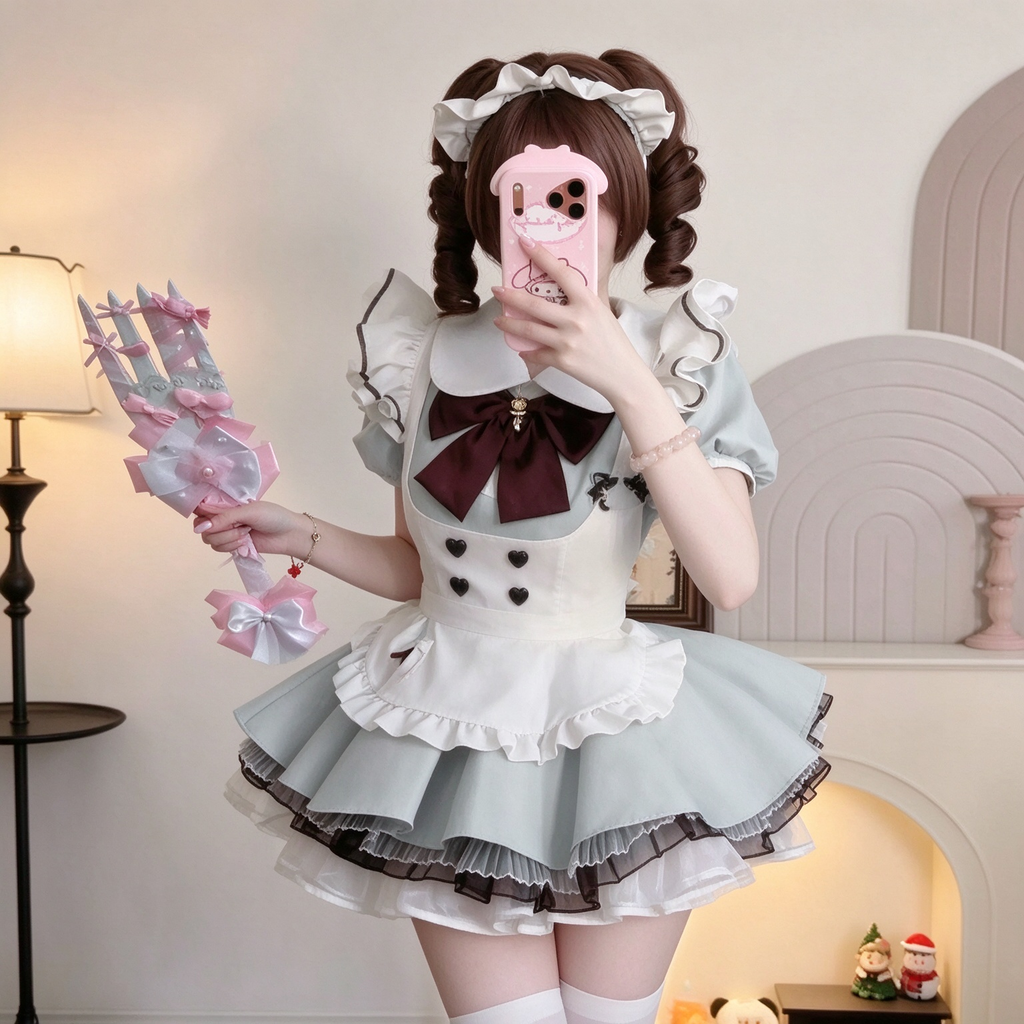 Cute Maid Lolita Dress with Heart Buttons and Bow Charm