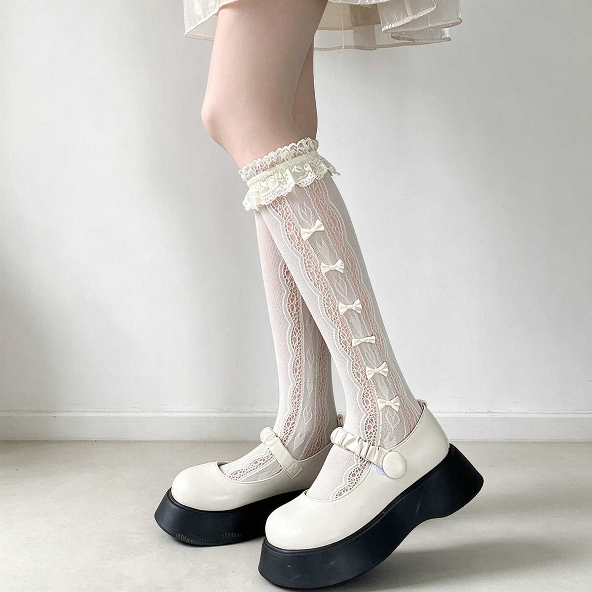 White Lace Ruffled Bow Detail Calf High Sweet Lolita Socks