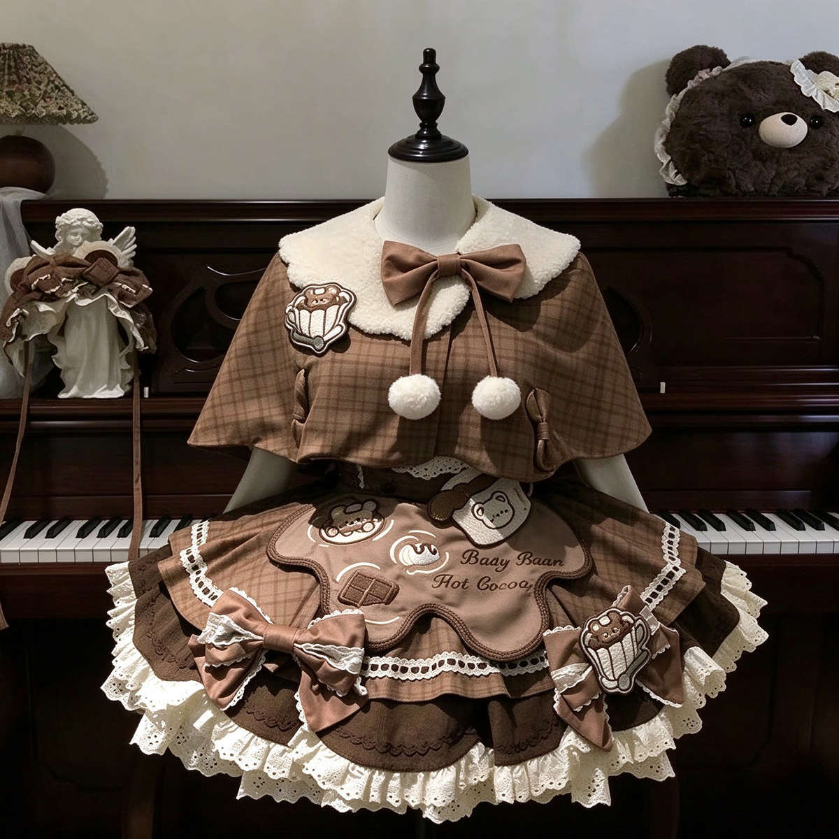 Brown Plaid Bear Print Ruffled Lolita Dress Set with Bow Accent