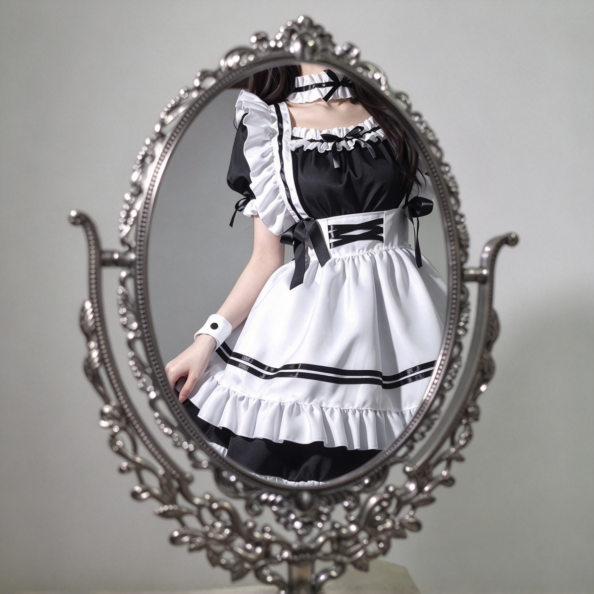 Sweet Maid Lolita Short Sleeve OP Dress Set with Crisscross Waist Band and Matching Choker