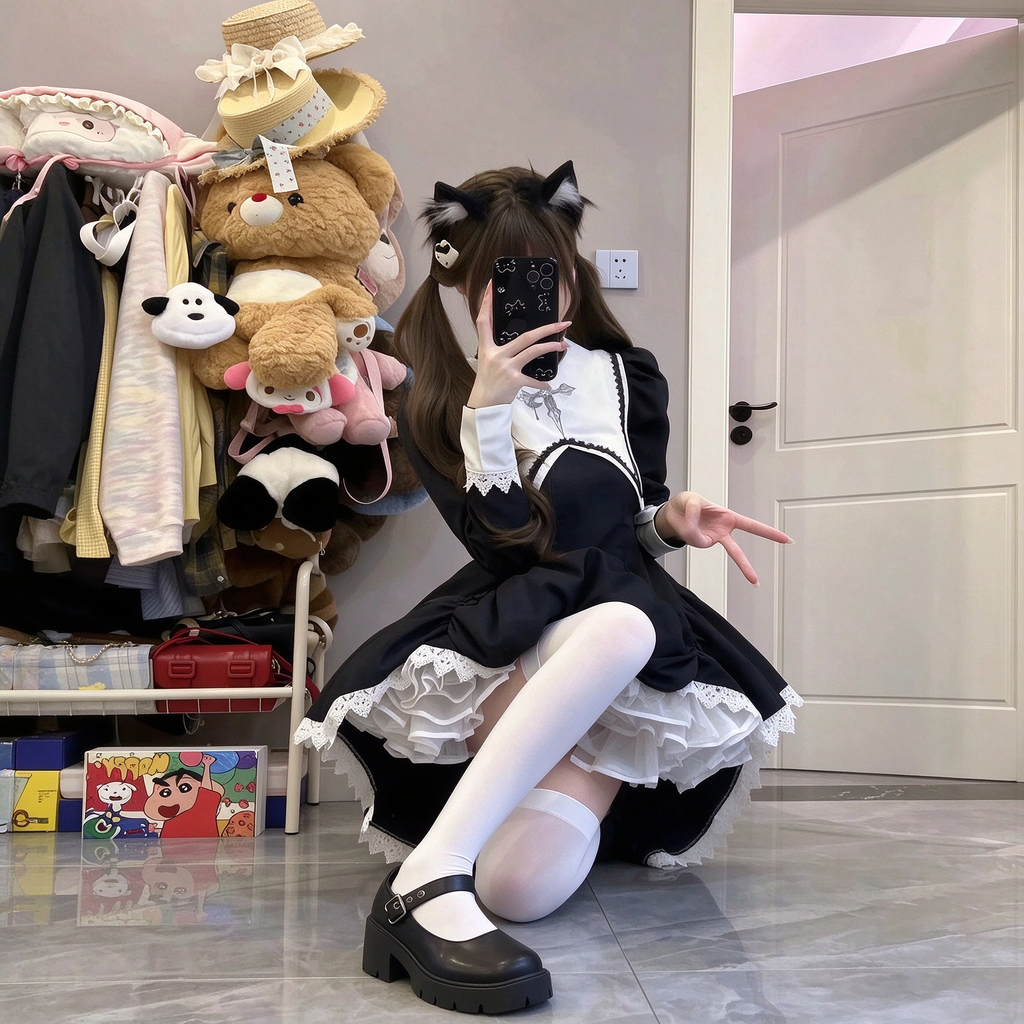 Gothic Nun Lolita Long Sleeve OP Dress with Cross Embroidery and High-Low Hem
