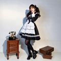 Classic Maid Lolita Long Sleeve OP Dress Set with Ruffled Shoulder Strap Apron