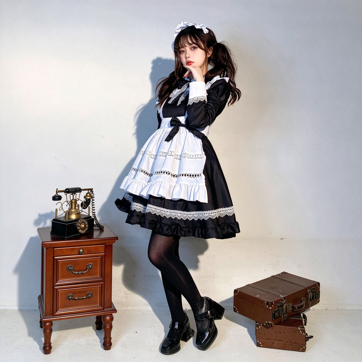 Classic Maid Lolita Long Sleeve OP Dress Set with Ruffled Shoulder Strap Apron