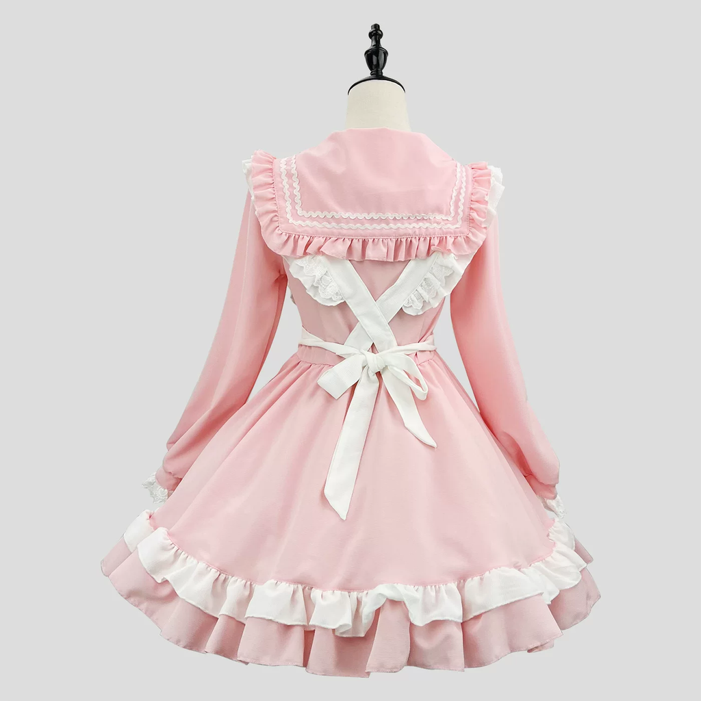Sweet Maid Lolita Long Sleeve OP Dress Set with Sailor Collar and Heart Pocket Apron