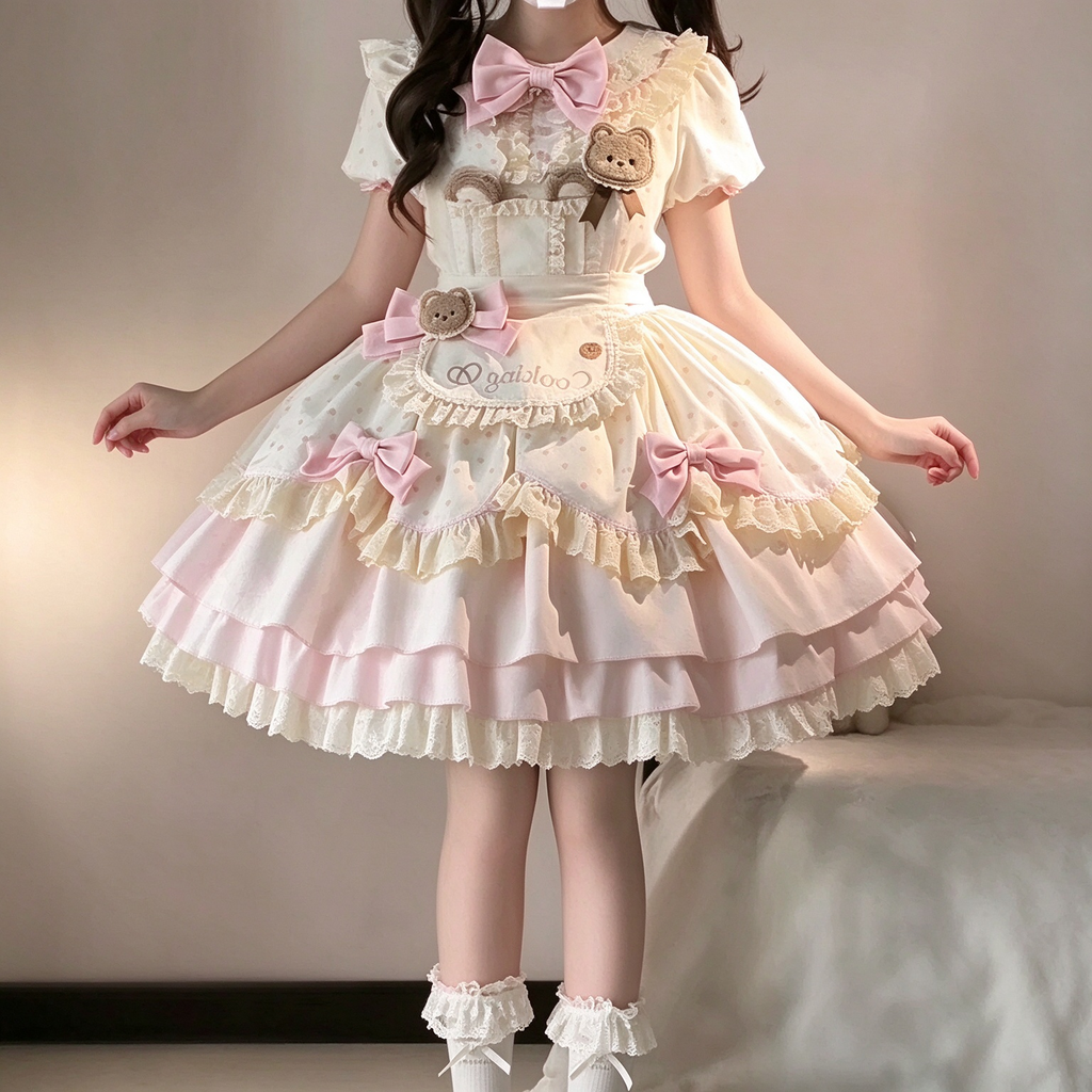 Sweet Maid Lolita Short Sleeve OP Dress Set with Polka Dot Pattern and Cooking Bear Apron
