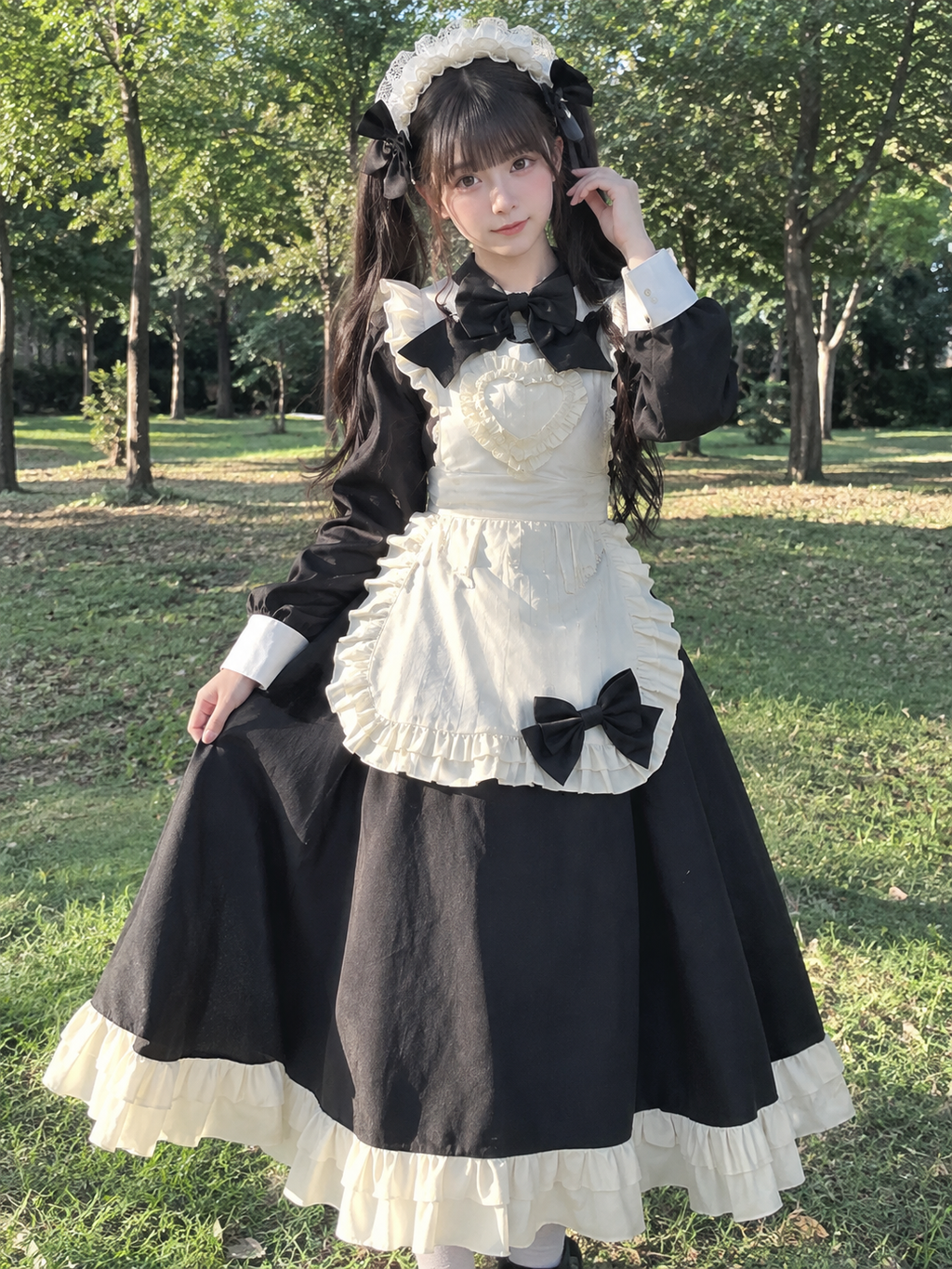 Black Cream Ruffled Maid Style Dress Vintage Lolita Long Sleeve Outfit