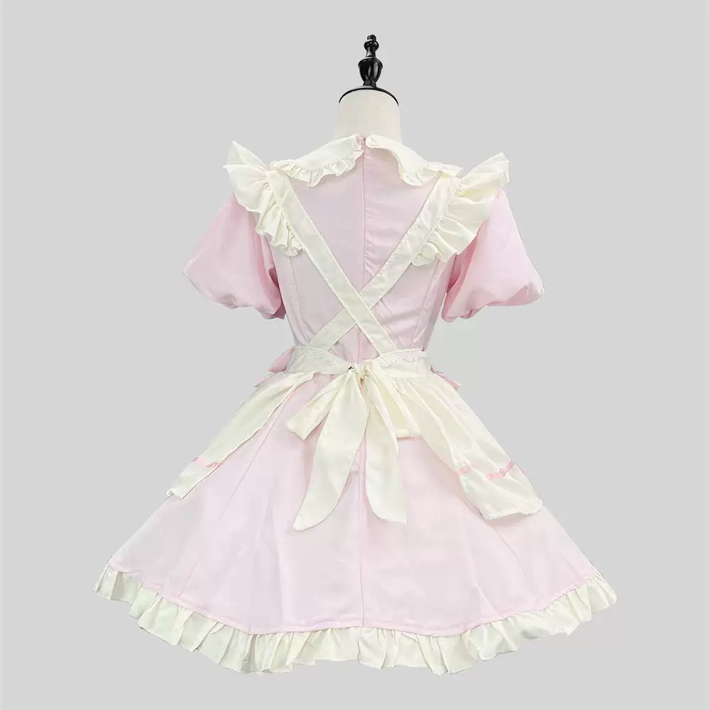 Pink and White Lace Sweet Maid Lolita Dress Set with Heart Bows