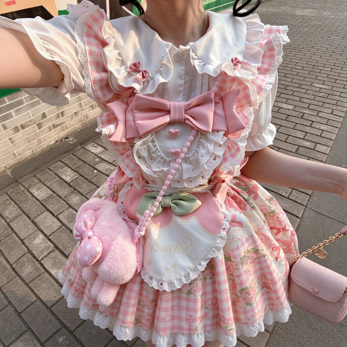 Sweet Maid Lolita Long Sleeve OP Dress Set with Strawberry Print and Heart Apron