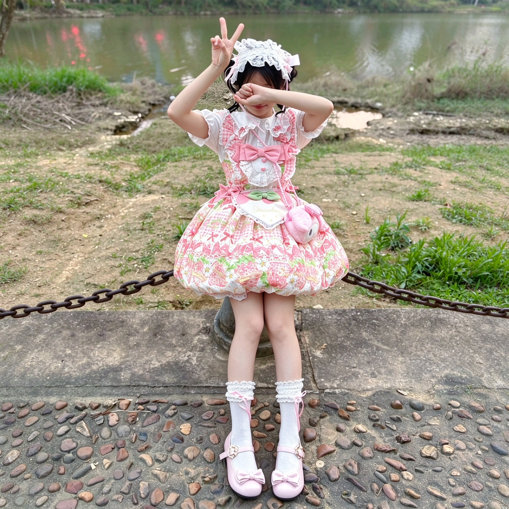 Sweet Maid Lolita Long Sleeve OP Dress Set with Strawberry Print and Heart Apron