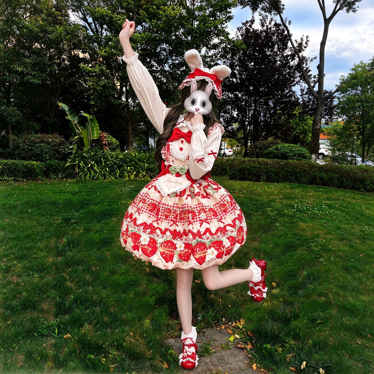 Sweet Maid Lolita Long Sleeve OP Dress Set with Strawberry Print and Heart Apron