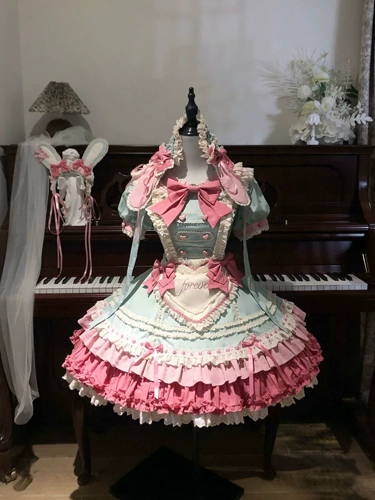 Mint Green and Pink Ruffled Maid Lolita Dress with Apron Bow Accent