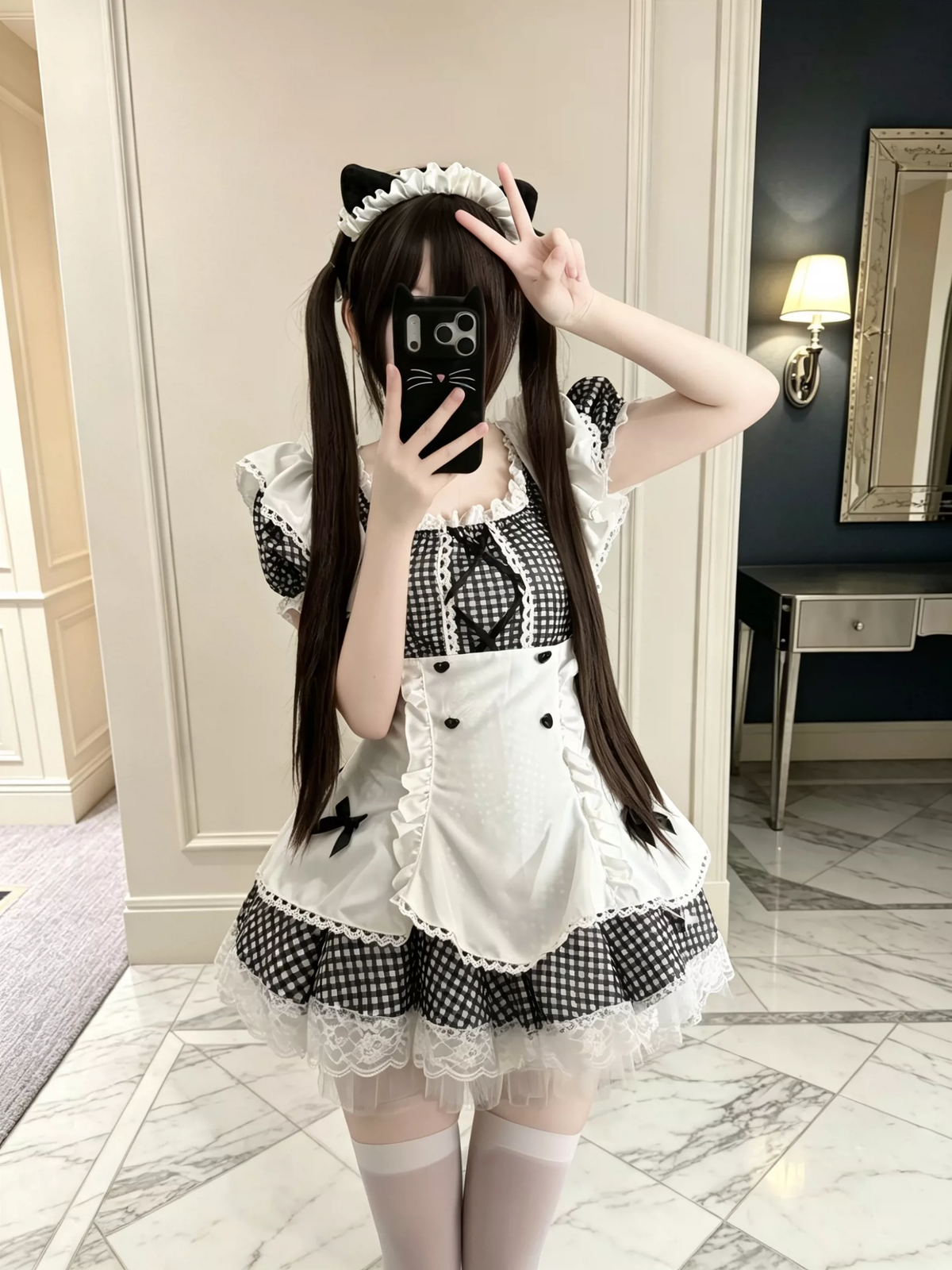 Sweet Maid Lolita Short Sleeve OP Dress Set with Houndstooth Pattern and Double-Breasted Apron