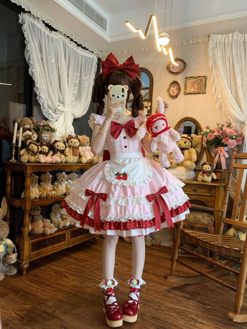 Strawberry Apron Ruffled Maid Lolita Dress with Bow Accent