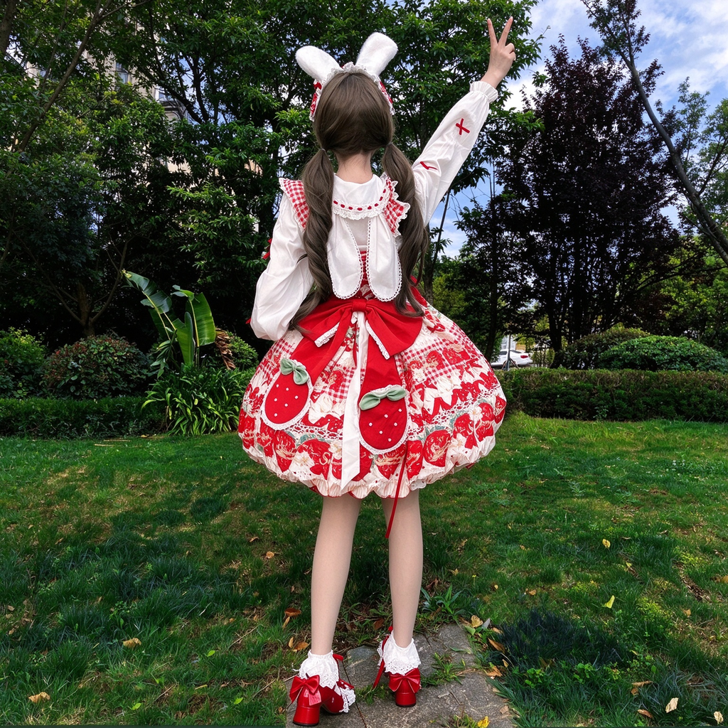 Sweet Maid Lolita Long Sleeve OP Dress Set with Strawberry Print and Heart Apron