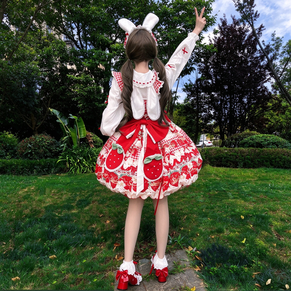 Sweet Maid Lolita Long Sleeve OP Dress Set with Strawberry Print and Heart Apron