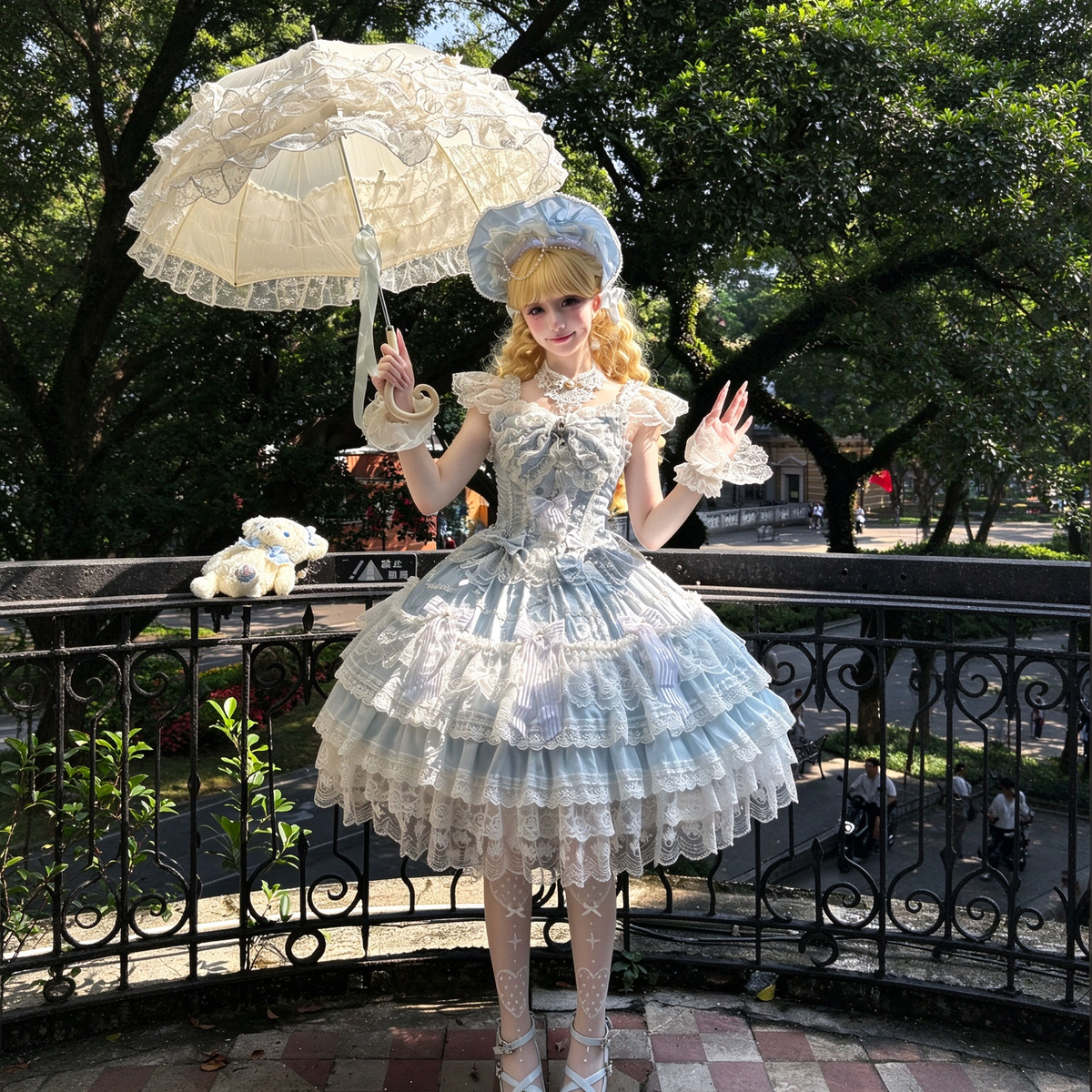 Tea Party Sweet Lolita Dress with Sweetheart Neckline and Tiered Floral Lace Flared Skirt