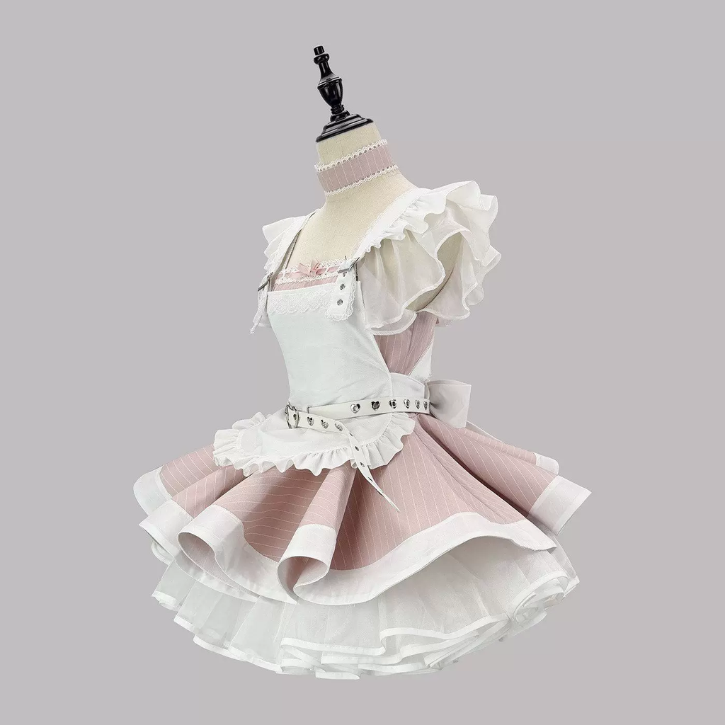 Sweet Maid Lolita Short Sleeve OP Dress Set with High-Waist Heart Buckle Belt and Fitted Waistband