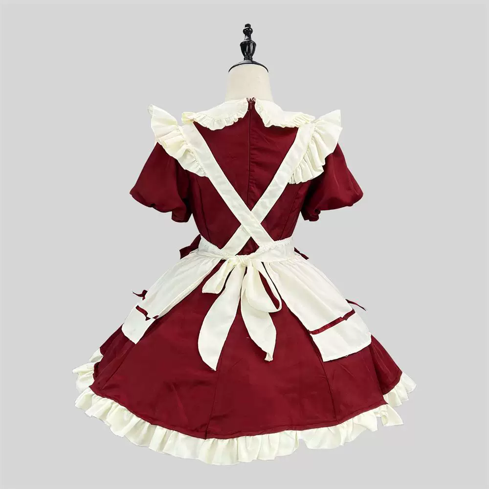 Burgundy and White Lace Gothic Maid Lolita Dress Set with Bell Bows