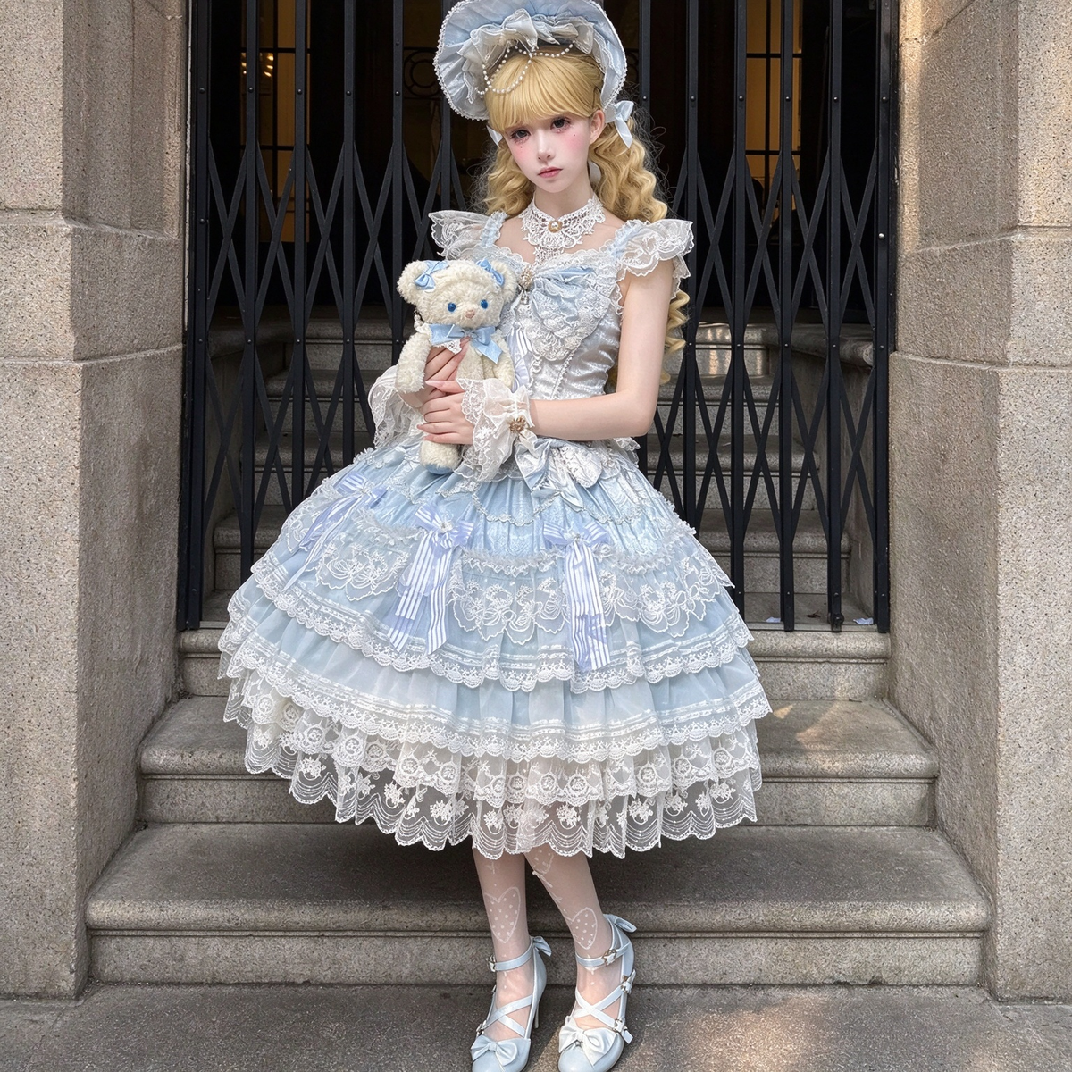 Tea Party Sweet Lolita Dress with Sweetheart Neckline and Tiered Floral Lace Flared Skirt