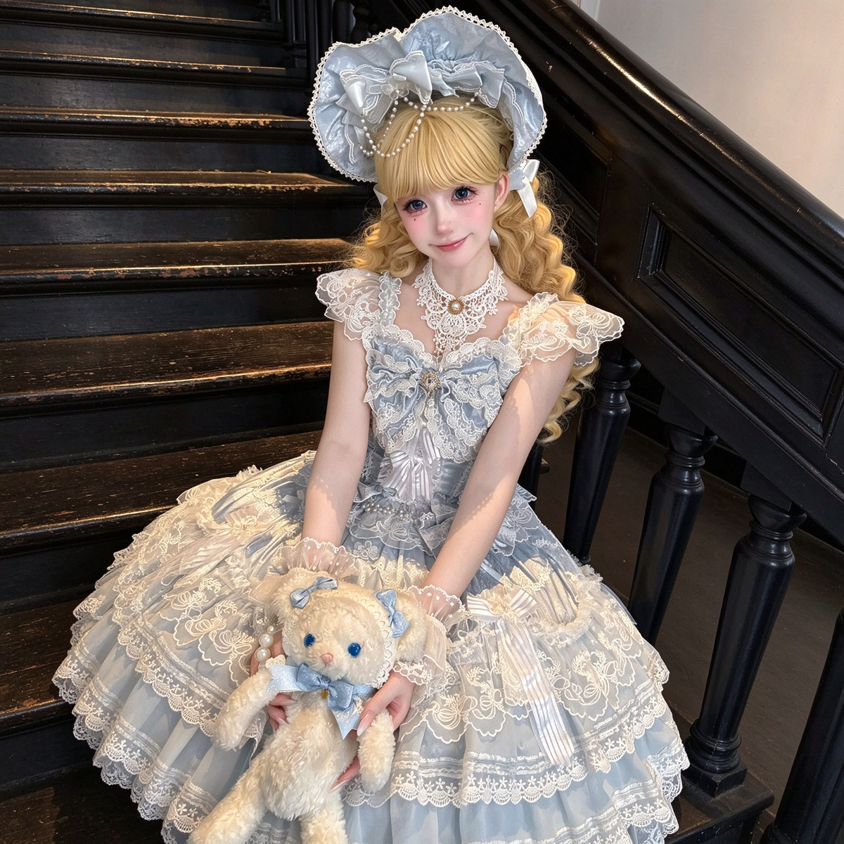Tea Party Sweet Lolita Dress with Sweetheart Neckline and Tiered Floral Lace Flared Skirt