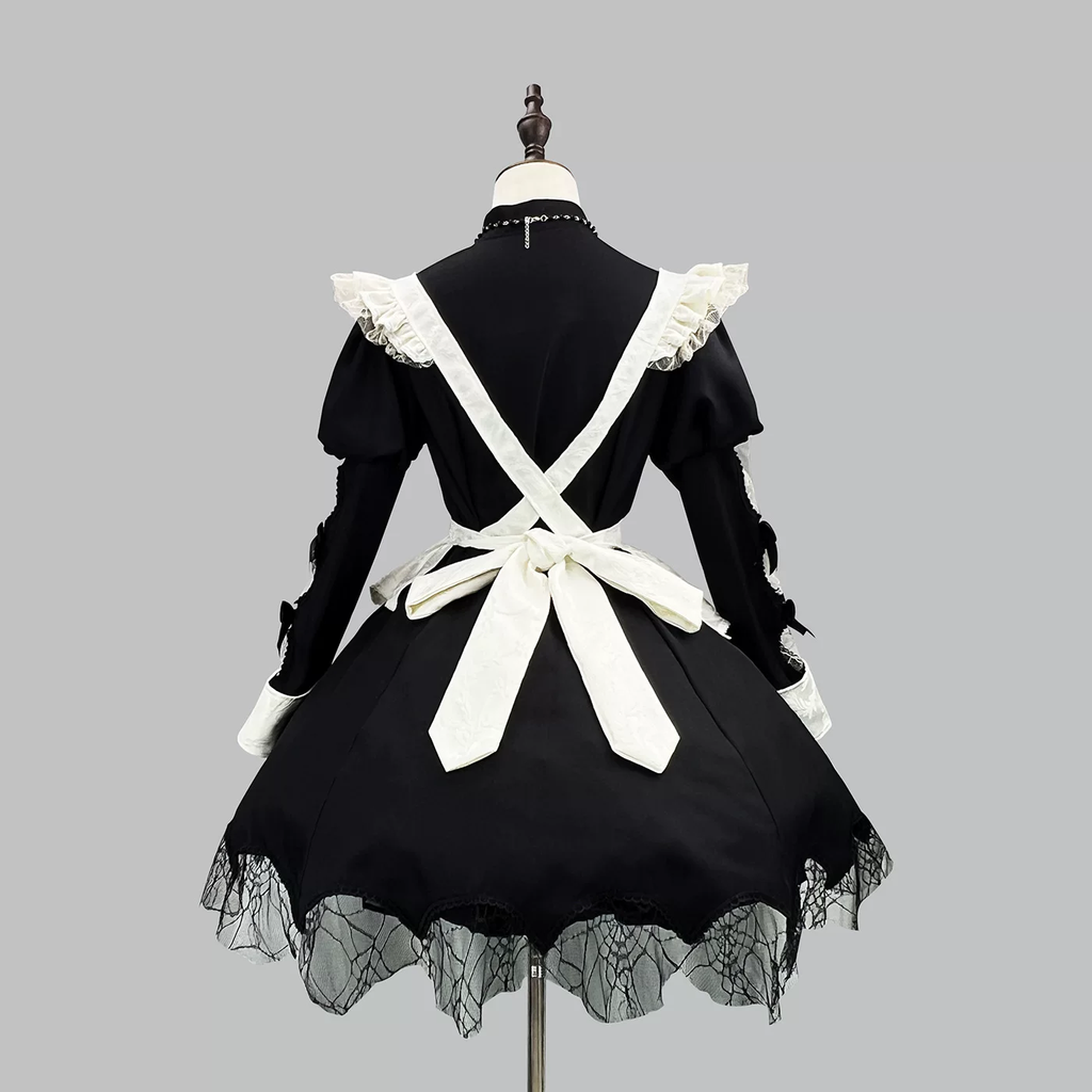 Gothic Maid Lolita Long Sleeve OP Dress Set with Spiderweb Lace and Bat Cross Necklace