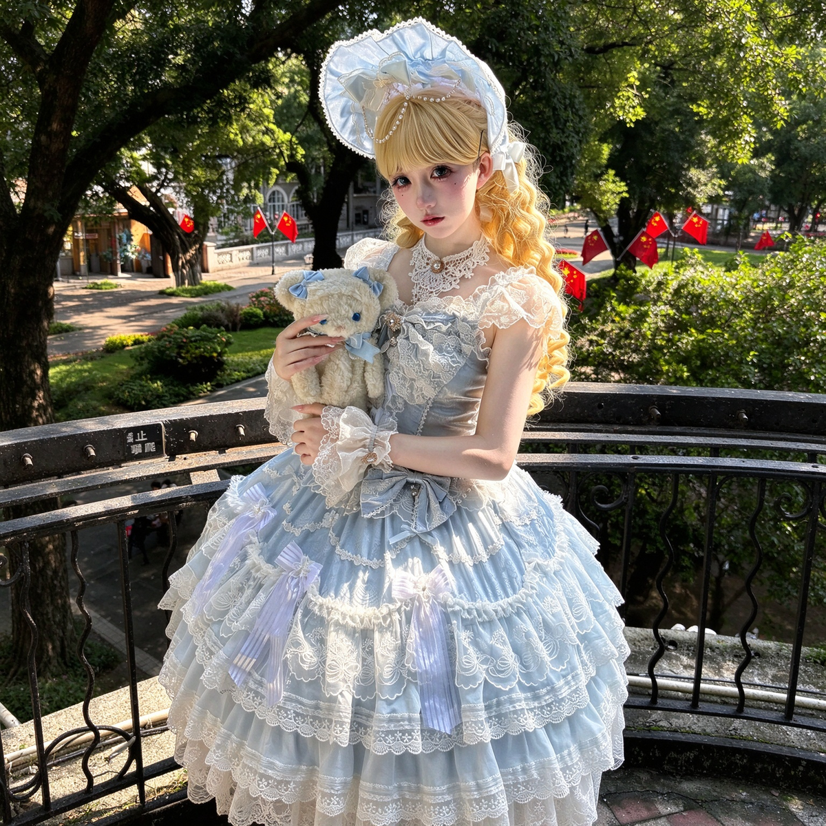 Tea Party Sweet Lolita Dress with Sweetheart Neckline and Tiered Floral Lace Flared Skirt