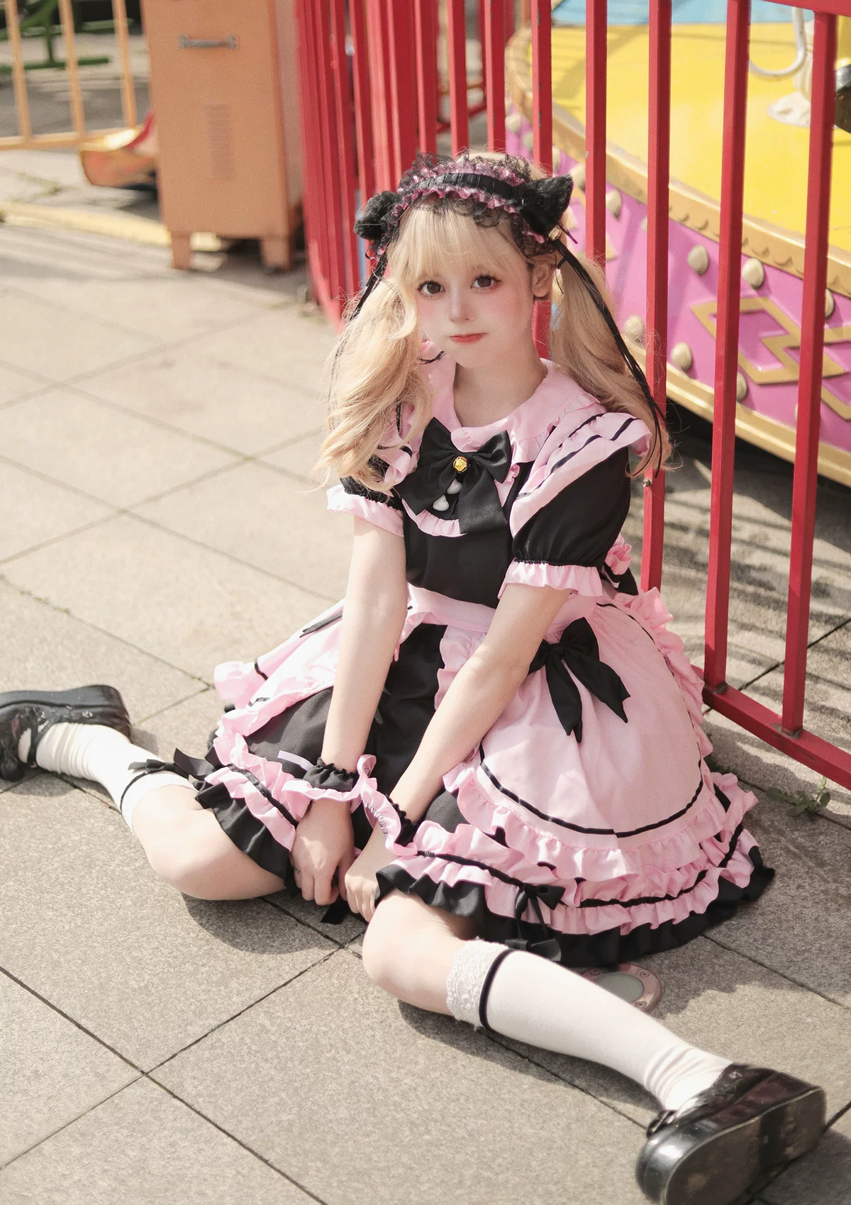Sweet Maid Lolita Short Sleeve OP Dress Set with Stand Collar and Bell Bow Accent