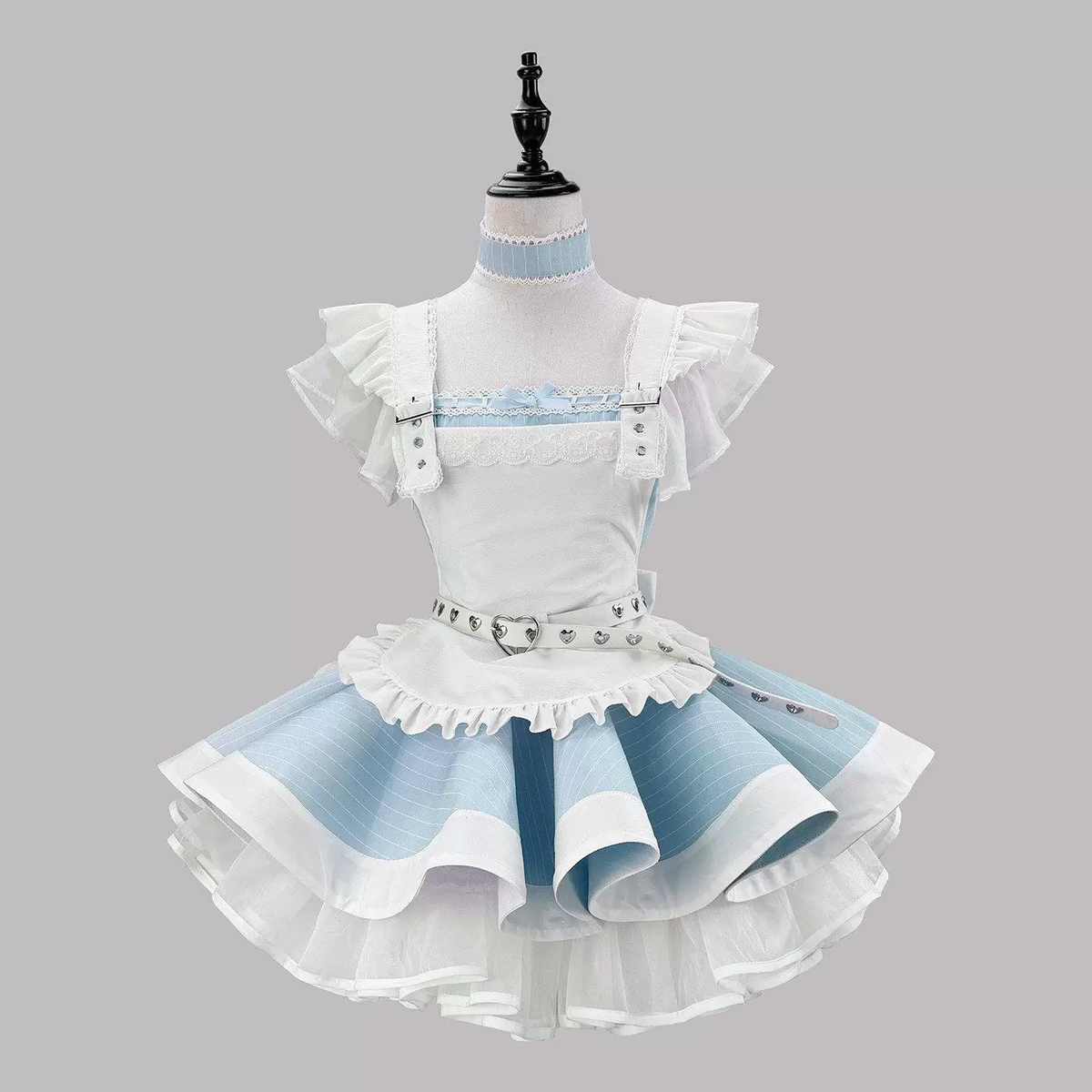 Sweet Maid Lolita Short Sleeve OP Dress Set with High-Waist Heart Buckle Belt and Fitted Waistband
