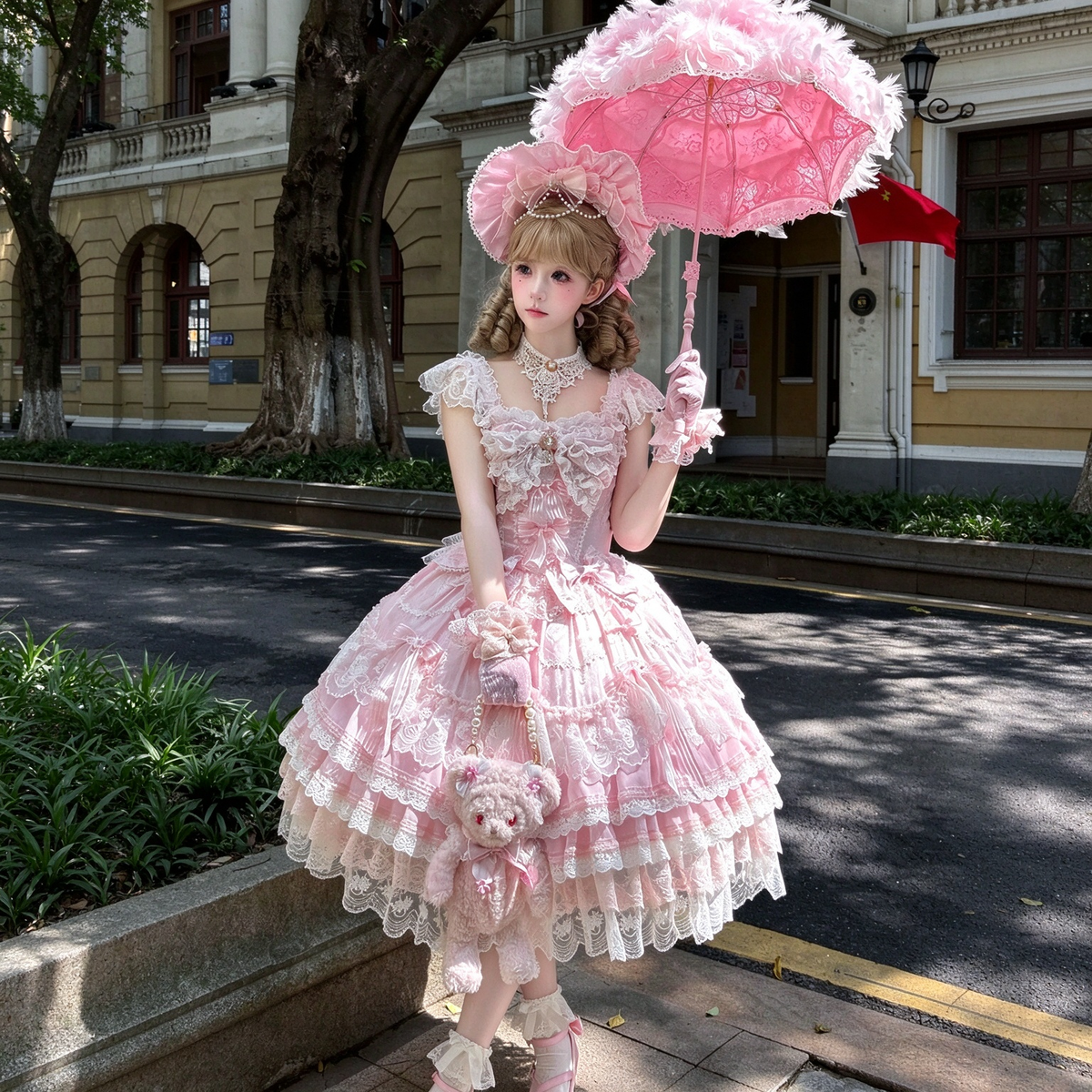 Tea Party Sweet Lolita Dress with Sweetheart Neckline and Tiered Floral Lace Flared Skirt