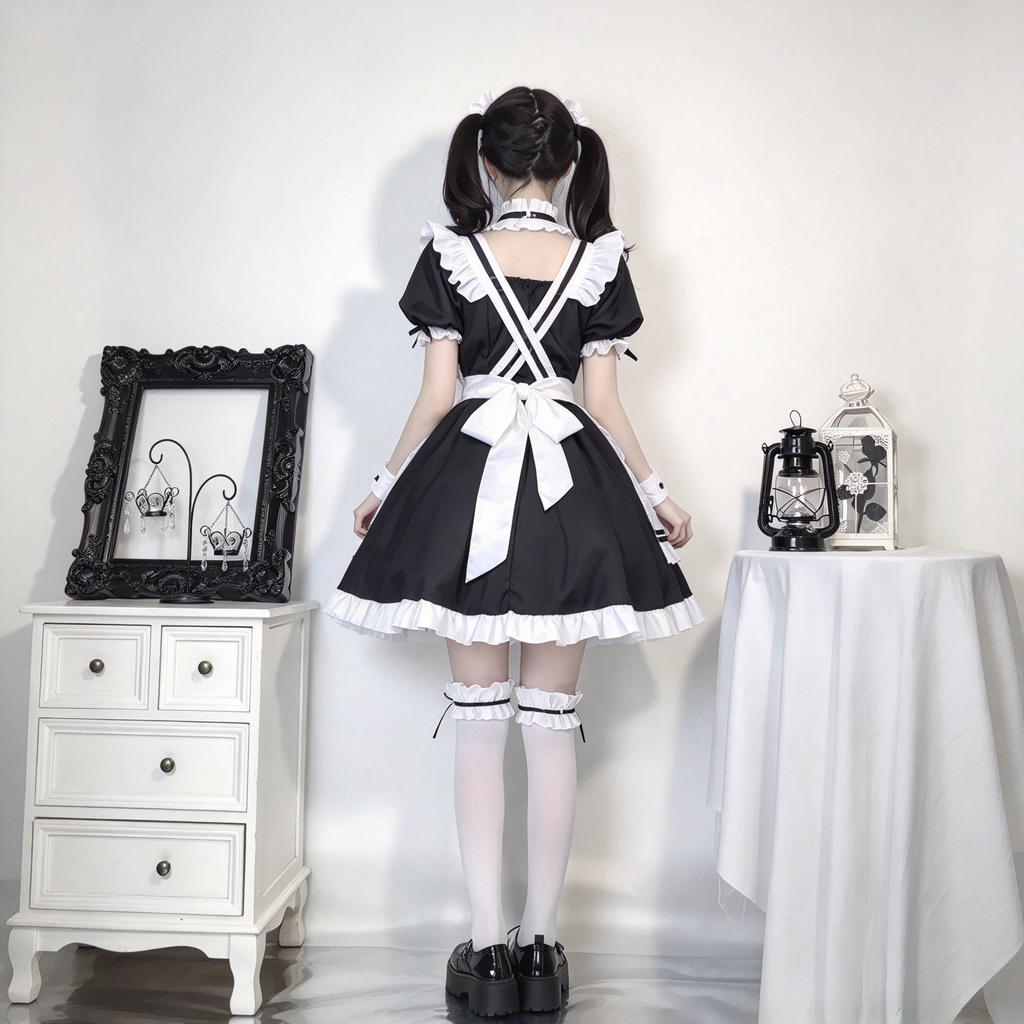 Sweet Maid Lolita Short Sleeve OP Dress Set with Crisscross Waist Band and Matching Choker