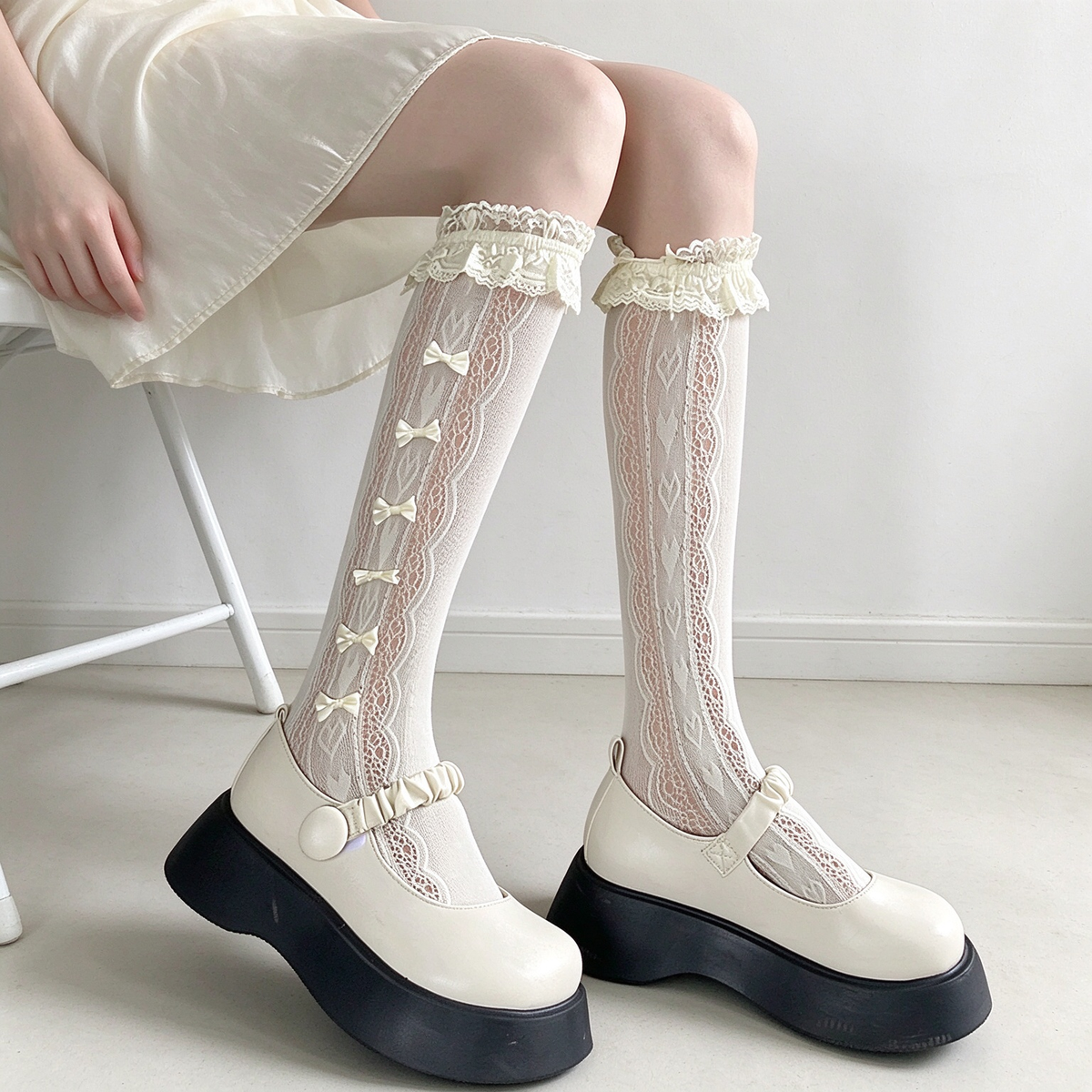 White Lace Ruffled Bow Detail Calf High Sweet Lolita Socks