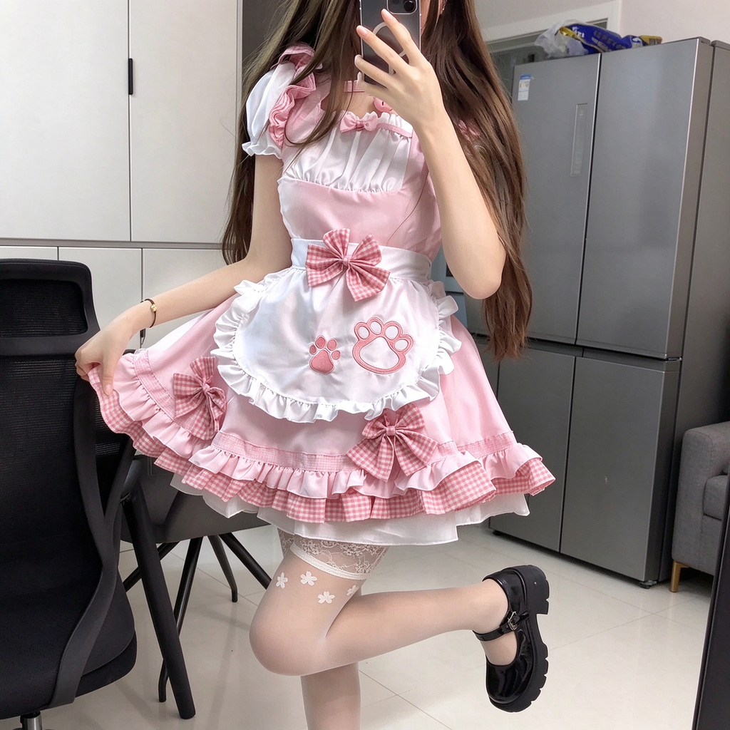 Sweet Maid Lolita Short Sleeve OP Dress Set with Cat Paw Patch Apron and Plaid Bow Accents