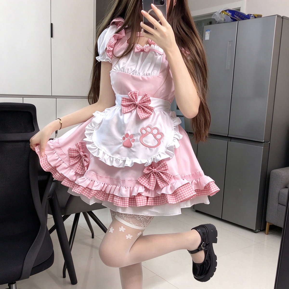 Sweet Maid Lolita Short Sleeve OP Dress Set with Cat Paw Patch Apron and Plaid Bow Accents
