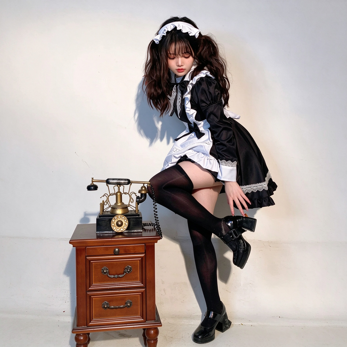 Classic Maid Lolita Long Sleeve OP Dress Set with Ruffled Shoulder Strap Apron