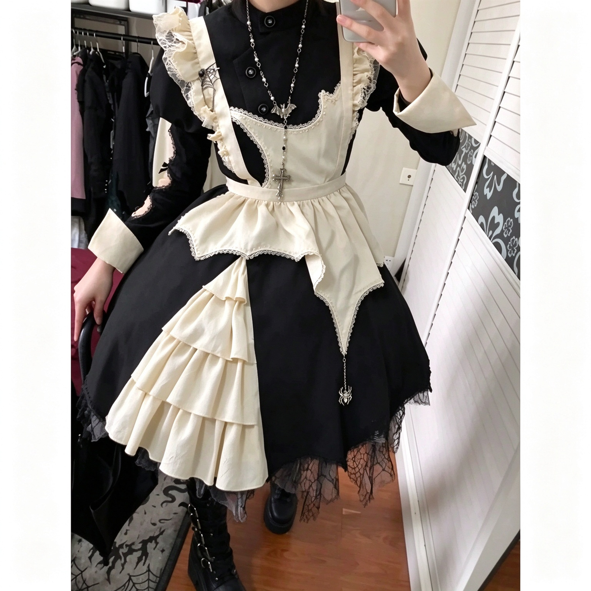 Gothic Maid Lolita Long Sleeve OP Dress Set with Spiderweb Lace and Bat Cross Necklace