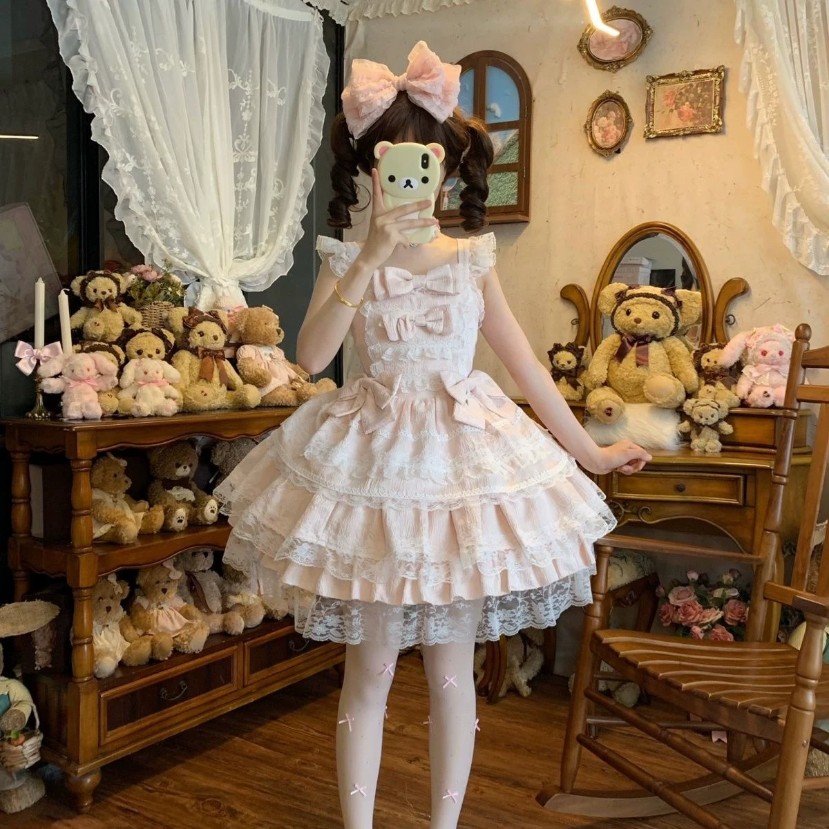 Light Blue and Pink Jacquard Ruffled Lolita Dress Set with Bow Accent