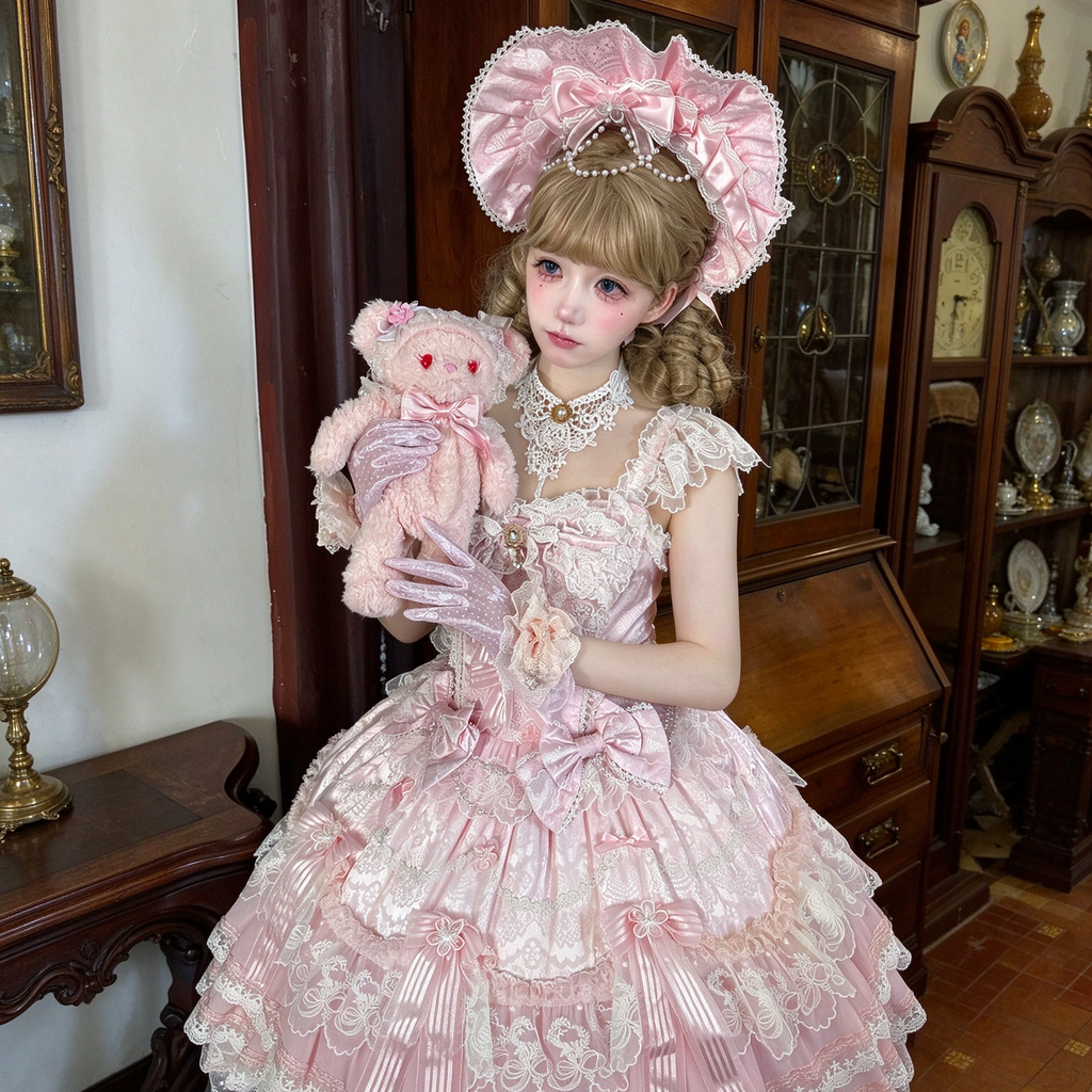 Tea Party Sweet Lolita Dress with Sweetheart Neckline and Tiered Floral Lace Flared Skirt