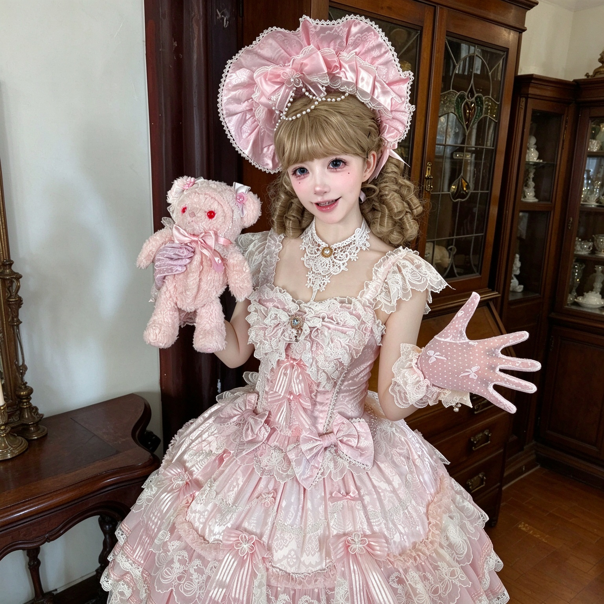 Tea Party Sweet Lolita Dress with Sweetheart Neckline and Tiered Floral Lace Flared Skirt