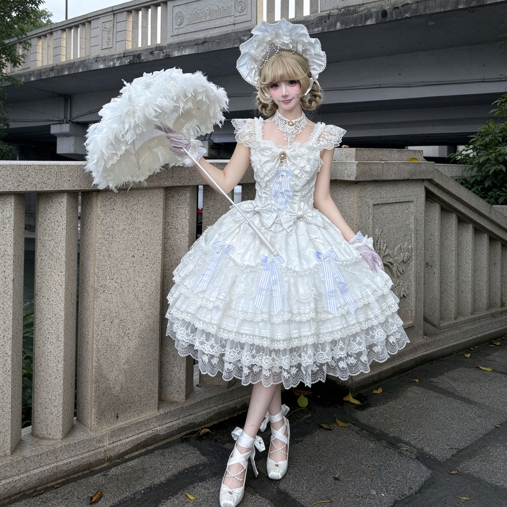 Tea Party Sweet Lolita Dress with Sweetheart Neckline and Tiered Floral Lace Flared Skirt