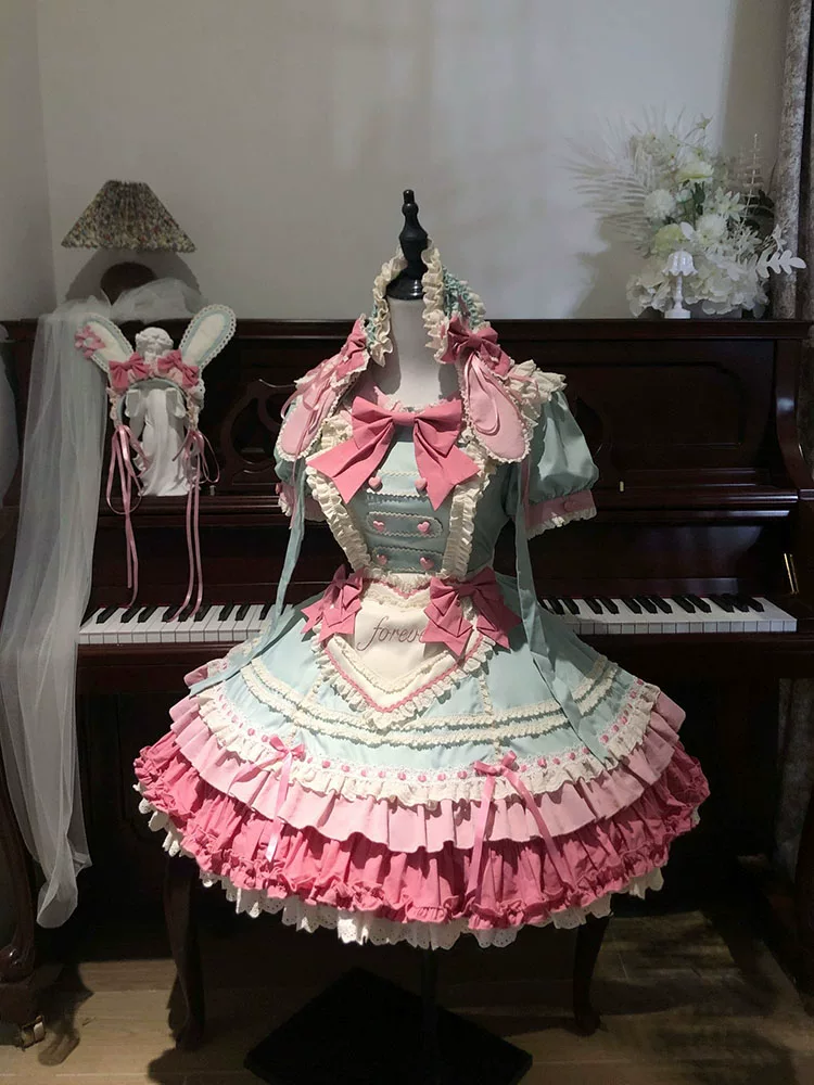 Mint Green and Pink Ruffled Maid Lolita Dress with Apron Bow Accent