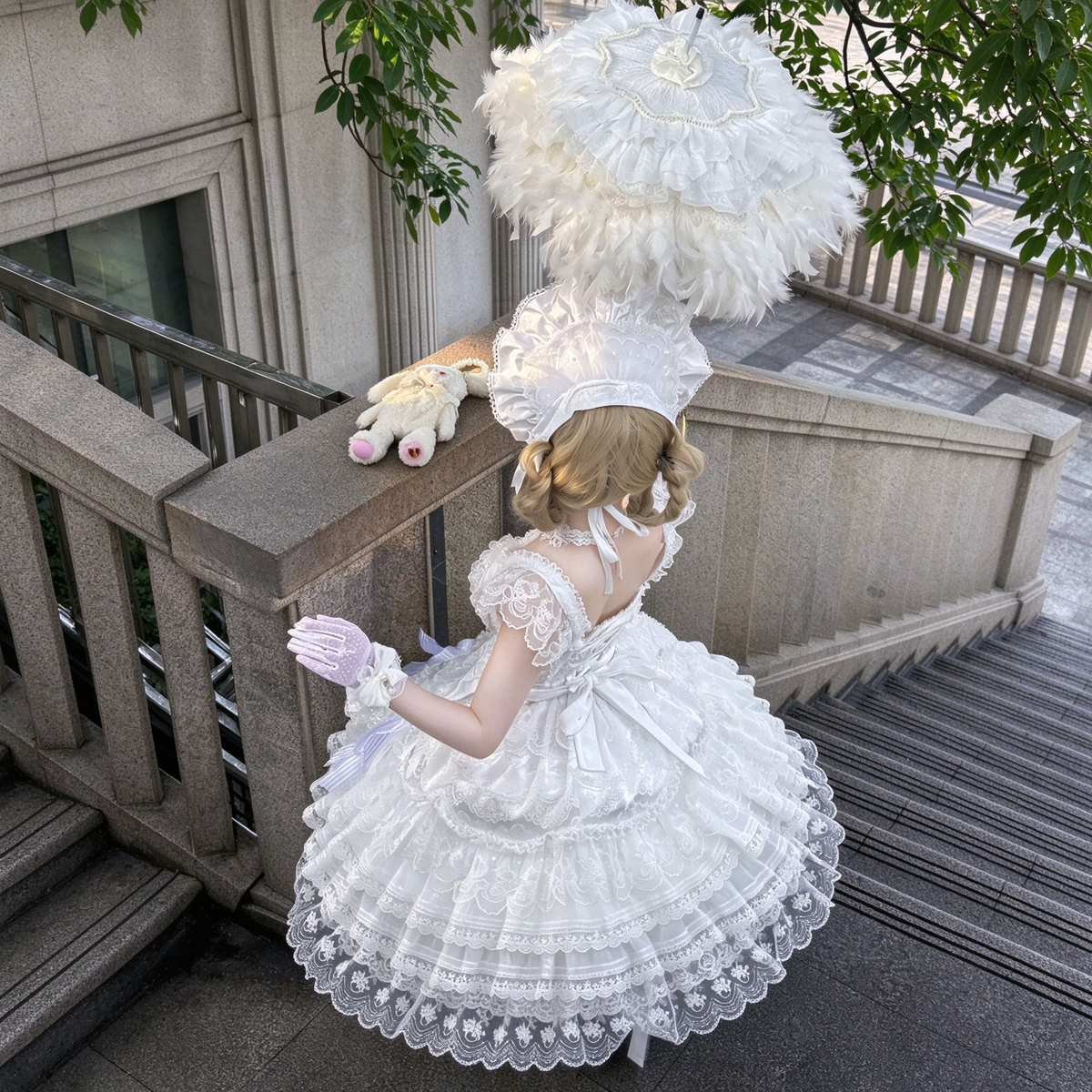 Tea Party Sweet Lolita Dress with Sweetheart Neckline and Tiered Floral Lace Flared Skirt