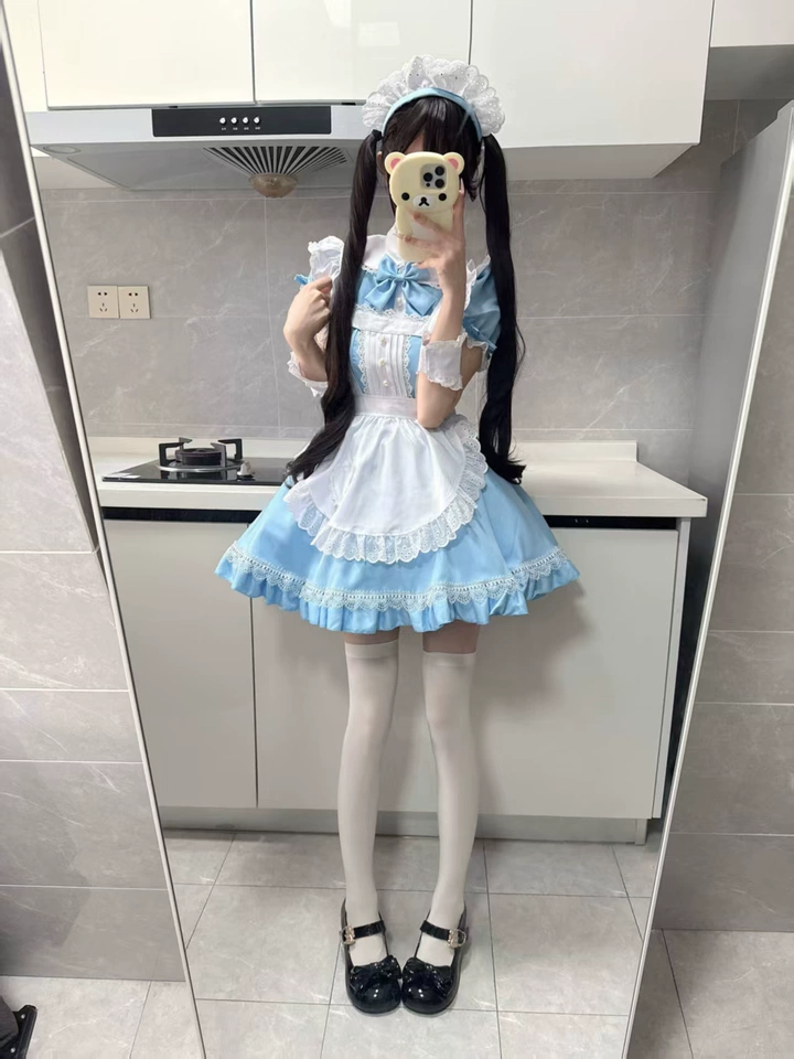 Sweet Maid Lolita Short Sleeve OP Dress Set with Pleated Pearl Yoke and Eyelet Lace Apron