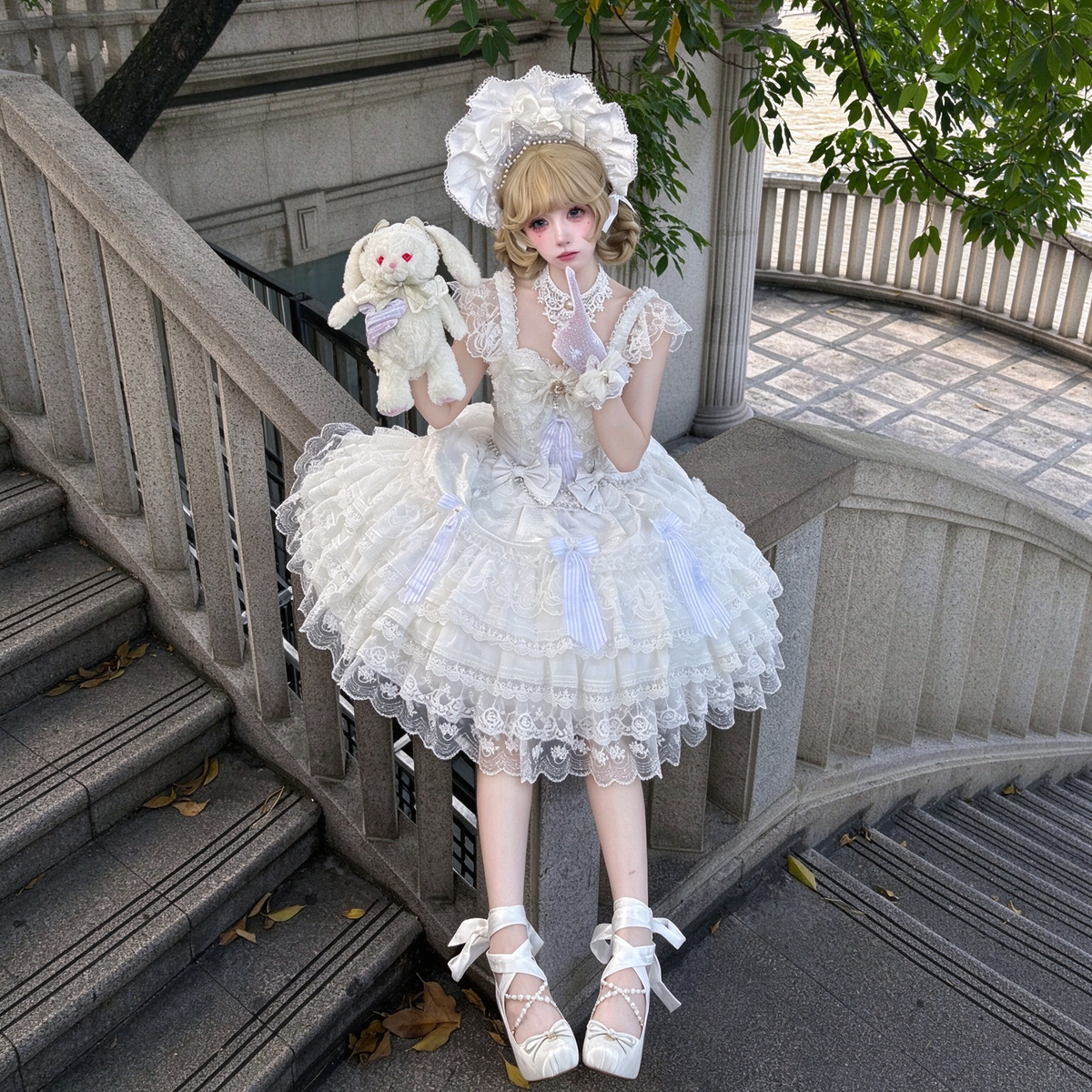 Tea Party Sweet Lolita Dress with Sweetheart Neckline and Tiered Floral Lace Flared Skirt