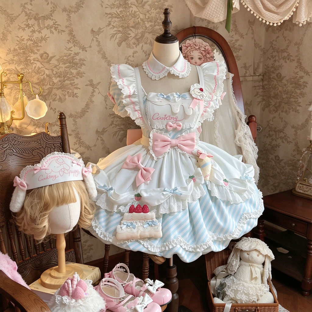 Cooking Dessert Lolita Dress with Striped Pattern and Melting Cream Embroidery Yoke